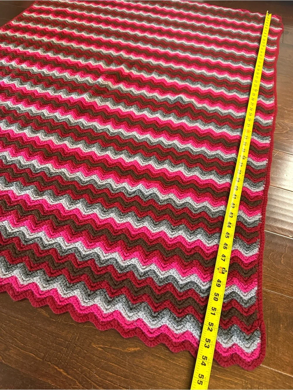 Chevron Knit Afghan Throw Blanket —Pink, Greys, Burgundy, & Brown